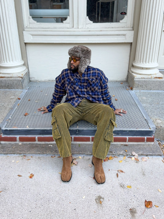 Japanese Plaid Shirt Jacket-Navy Blue