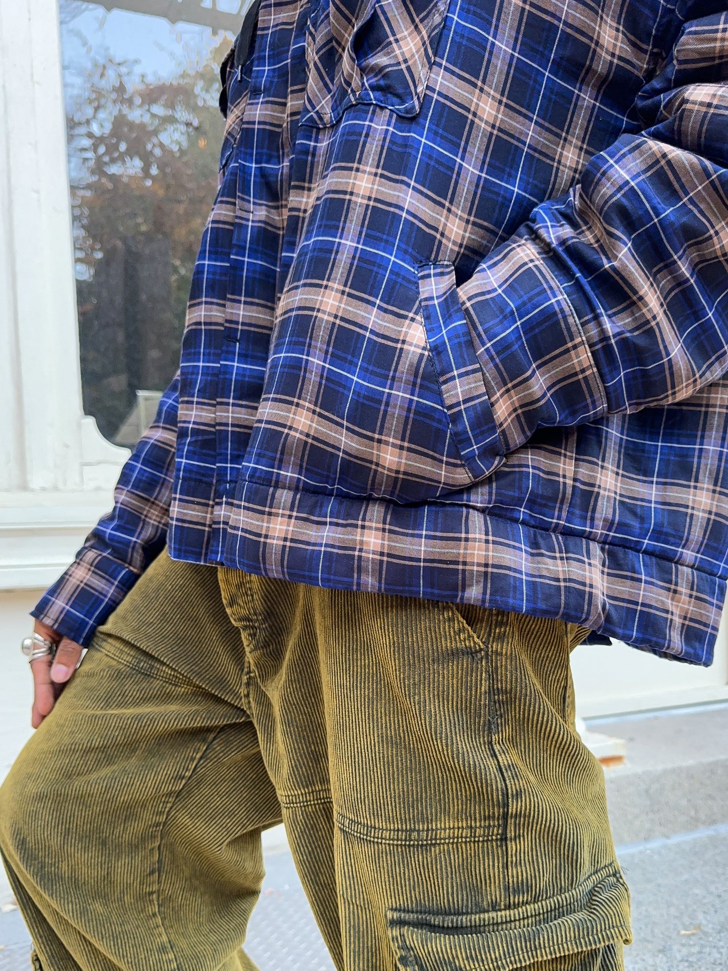 Japanese Plaid Shirt Jacket-Navy Blue