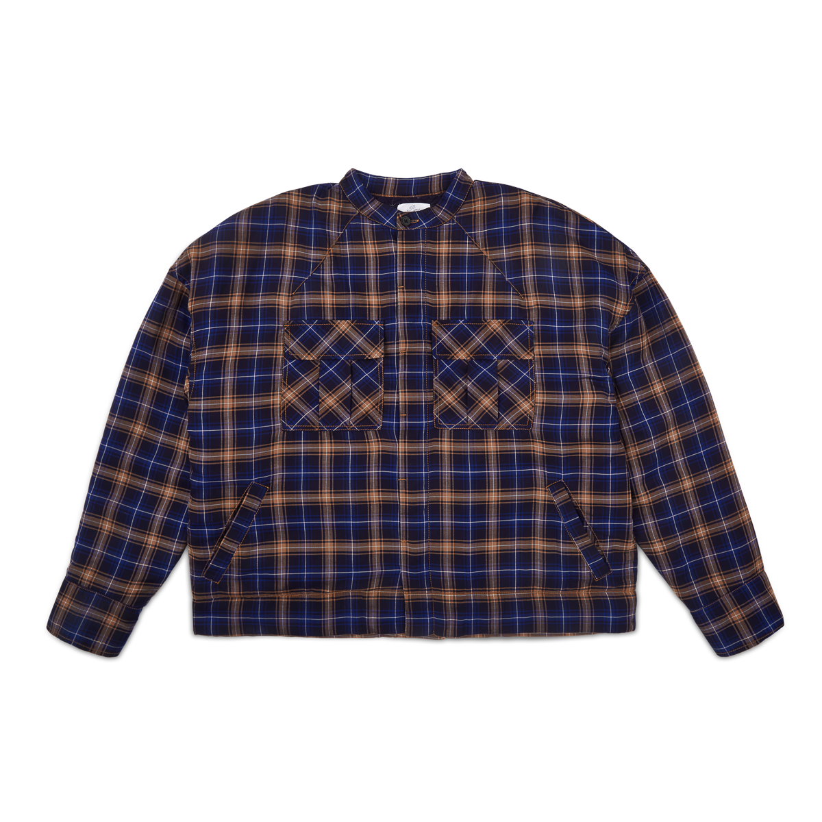 Japanese Plaid Puffer Jacket-Navy Blue